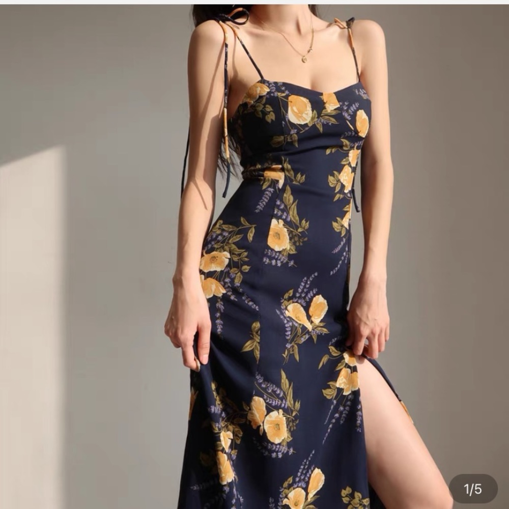 paris dress midi floral orange navy split thigh